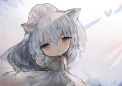 Rule 34 | 1girl, :d, animal ears, animal hands, bad id, bad pixiv id, bare shoulders, breasts, brown eyes, character request, commentary request, cottontailtokki, dress, gloves, grey hair, hair between eyes, hand up, head tilt, heart, high ponytail, highres, latika (shadowverse), looking at viewer, open mouth, paw gloves, ponytail, shadowverse, sleeveless, sleeveless dress, small breasts, smile, solo, white dress, white gloves