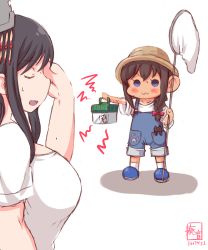 Rule 34 | 10s, 2girls, :3, ahoge, alternate costume, black hair, blue eyes, blush, braid, breasts, commentary request, dated, closed eyes, hair ornament, hair over shoulder, hair ribbon, hat, highres, holding, kanon (kurogane knights), kantai collection, large breasts, long hair, multiple girls, ribbon, shigure (kancolle), short hair, single braid, standing, sun hat, sweatdrop, tan, tanline, yamashiro (kancolle), aged down