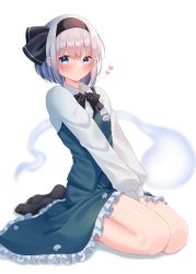 Rule 34 | 1girl, black bow, black bowtie, black hairband, black ribbon, black socks, blue eyes, blush, bow, bowtie, breasts, closed mouth, collared shirt, frills, ghost print, green skirt, green vest, grey hair, grey shirt, hair between eyes, hairband, heart, highres, hitodama print, konpaku youmu, konpaku youmu (ghost), long sleeves, looking at viewer, medium breasts, no shoes, otowa (otoha4634), pocket, puffy long sleeves, puffy sleeves, ribbon, seiza, shirt, short hair, simple background, sitting, skirt, skirt set, smile, socks, solo, touhou, vest, white background