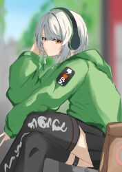 1girl absurdres alternate_costume anby_demara black_skirt black_thighhighs braid feet_out_of_frame green_jacket grey_hair headphones highres jacket long_sleeves looking_at_viewer miniskirt orange_eyes pleated_skirt short_hair shuuka sitting skirt solo thigh_strap thighhighs zenless_zone_zero zettai_ryouiki