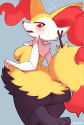 Rule 34 | 1girl, absurdres, animal ear fluff, animal ears, animal feet, animal nose, artist name, ass, back, black fur, blue background, blush, body fur, braixen, breasts, creatures (company), embarrassed, fangs, female focus, flying sweatdrops, fox ears, fox girl, fox tail, from behind, furry, furry female, game freak, gen 6 pokemon, hand up, highres, leg up, lifted by self, looking back, looking down, medium breasts, multicolored fur, neck fur, nintendo, open mouth, pokemon, pokemon (creature), raised eyebrows, red eyes, sharp teeth, shiitake fuumi, signature, simple background, snout, solo, standing, standing on one leg, stick, sweat, tail, teeth, white fur, wide hips, yellow fur