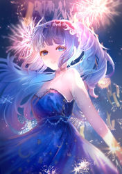 Rule 34 | 1girl, aerial fireworks, bare shoulders, blue dress, blue eyes, breasts, cleavage, collarbone, commentary request, cowboy shot, diffraction spikes, dress, fireworks, highres, jewelry, komorihikki, long hair, looking at viewer, night, original, parted lips, ponytail, sky, small breasts, solo, sparkle, standing, star (sky), starry sky, strapless, strapless dress, very long hair
