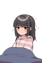 Rule 34 | 1girl, blanket, brown eyes, hayashio (kancolle), highres, hood, hooded sweater, kantai collection, long hair, messy hair, mole, mole under eye, pink sweater, shirasumato, simple background, sleepwear, sleepy, smile, solo, striped clothes, striped sweater, sweater, upper body, white background