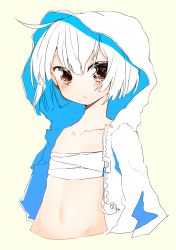 Rule 34 | 1girl, absurdres, ahoge, bob cut, brown eyes, budget sarashi, closed mouth, colored inner hair, copyright request, flat chest, highres, hood, hood up, looking at viewer, multicolored hair, navel, niwarhythm, sarashi, short hair, simple background, solo, white hair, yellow background