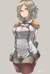 Rule 34 | 1girl, black necktie, brown pantyhose, buttons, closed mouth, collared shirt, cropped legs, epaulettes, folded ponytail, glasses, green eyes, grey background, grey shirt, grey skirt, highres, jacket, kantai collection, katori (kancolle), light brown hair, long hair, long sleeves, military, military uniform, necktie, pantyhose, pencil skirt, shirt, signature, simple background, skirt, smile, solo, sunday aki, uniform, white jacket