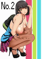 Rule 34 | 1girl, back, backpack, bag, black hair, breasts, brown pantyhose, candy, clothes pull, clothes writing, food, green eyes, high heels, highres, justin (sera tony), large breasts, lips, lollipop, miniskirt, nail polish, nipples, no bra, off shoulder, open shoes, original, pantyhose, plaid, plaid skirt, see-through, see-through legwear, shirt pull, shoes, short hair, skirt, solo, squatting, stiletto heels, strap slip, toeless footwear, toes
