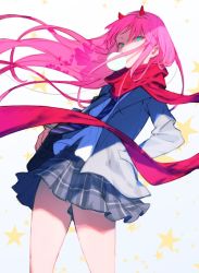 Rule 34 | 1girl, bukurote, coat, darling in the franxx, grey coat, hairband, hands in pockets, horns, jacket, long hair, necktie, oni horns, parka, pink hair, pleated skirt, red horns, red scarf, scarf, school uniform, shirt, skirt, solo, standing, straight hair, white hairband, zero two (darling in the franxx)
