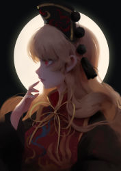 Rule 34 | 1girl, absurdres, bing bing, blonde hair, chinese clothes, closed mouth, expressionless, from side, hand to own mouth, highres, junko (touhou), long hair, moon, pom pom (clothes), red eyes, solo, tabard, touhou, upper body