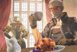 Rule 34 | 2boys, animification, apex legends, ballistic (apex legends), black gloves, black jacket, blue eyes, blueberry, bow, bulletproof vest, cable, cup, curtains, facial hair, food, fruit, gloves, goatee, grey hair, hair behind ear, hair slicked back, hands on own hips, highres, holding, holding cup, humanoid robot, indoors, jacket, kogane mushi, male focus, muffin, multiple boys, one-eyed, open mouth, orange-tinted eyewear, pathfinder (apex legends), red bow, robot, smile, srvn mrvn pathfinder, sunglasses, sunlight, teacup, teapot, tinted eyewear, window