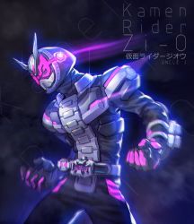 Rule 34 | 1boy, 2018, armor, arrow (symbol), belt, black bodysuit, black footwear, black headwear, bodysuit, breastplate, clock, clock hands, clothes writing, copyright name, driver (kamen rider), fighting stance, gloves, glowing, helmet, kamen rider, kamen rider zi-o, kamen rider zi-o (series), letterboxed, male focus, notice lines, pink gloves, shoulder armor, simple background, solo, tokusatsu, upper body, vambraces, white background, white headwear, woxiljj, zi-o rider watch, ziku driver