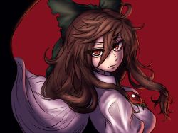 Rule 34 | 1girl, ahoge, bow, breasts, brown hair, cape, female focus, hair bow, large breasts, long hair, looking back, miata (miata8674), red background, red eyes, reiuji utsuho, simple background, solo, symbol-shaped pupils, third eye, touhou, wings