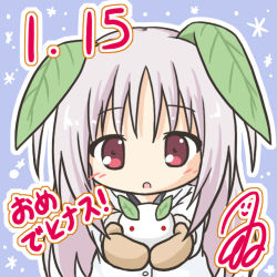 Rule 34 | 1girl, :o, blush, brown mittens, chibi, fur-trimmed sleeves, fur trim, grey hair, hair between eyes, holding, jacket, leaf, long hair, long sleeves, looking at viewer, lowres, mittens, original, outline, outstretched arms, parted lips, red eyes, ri-net, snow rabbit, solo, translation request, upper body, white jacket, white outline