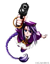 Rule 34 | 00s, 1girl, aiming, aiming at viewer, blue eyes, braid, gun, handgun, holding, holding gun, holding weapon, long hair, melty blood, mike156, pistol, purple hair, signature, single braid, sion eltnam atlasia, solo, thighhighs, tsukihime, uniform, very long hair, weapon