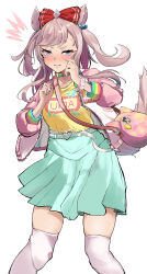 1girl absurdres agnes_digital_(umamusume) animal_ears bag blue_eyes blue_skirt blush bow ear_ornament fagrp12 hair_bow hair_ornament hair_scrunchie handbag highres horse_ears horse_girl horse_tail jacket long_hair long_sleeves looking_at_viewer open_clothes open_jacket pink_hair scrunchie simple_background skirt solo tail thighhighs thighs umamusume