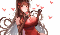 Rule 34 | 1girl, absurdres, bad id, bad pixiv id, black gloves, blush, breasts, brown hair, china dress, chinese clothes, closed mouth, covered navel, dress, dsr-50 (girls&#039; frontline), dsr-50 (red peony) (girls&#039; frontline), elbow gloves, flower, ga yeah, girls&#039; frontline, gloves, hair flower, hair ornament, hand up, heart, heart print, highres, large breasts, long hair, looking at viewer, nail polish, official alternate costume, partially fingerless gloves, red dress, red eyes, red nails, solo, upper body, white background