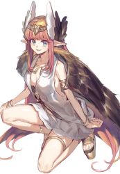 Rule 34 | 1girl, anklet, armlet, bad id, bad twitter id, blue eyes, bracelet, breasts, brown cape, brown hair, cape, chocoan, circe (fate), cleavage, collarbone, dress, fate/grand order, fate (series), headpiece, jewelry, long hair, medium breasts, on one knee, pointy ears, short dress, sideboob, simple background, sketch, sleeveless, sleeveless dress, solo, thighlet, tongue, tongue out, very long hair, white background, white dress