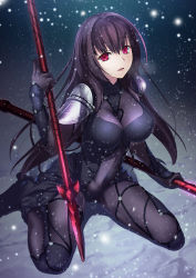 Rule 34 | 1girl, bodysuit, breasts, fate/grand order, fate (series), female focus, gae bolg (fate), highres, holding, holding weapon, kneeling, large breasts, long hair, looking at viewer, open mouth, polearm, purple bodysuit, purple hair, red eyes, scathach (fate), scathach (fate), snow, solo, spear, very long hair, weapon, yoshida takuma
