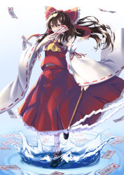 Rule 34 | 1girl, absurdres, ascot, black footwear, bow, brown eyes, brown hair, detached sleeves, floating hair, frilled bow, frilled hair tubes, frills, full body, hair between eyes, hair bow, hair tubes, hakurei reimu, highres, holding, huge filesize, long hair, long sleeves, medium skirt, pleated skirt, red bow, red shirt, red skirt, ribbon-trimmed sleeves, ribbon trim, shirt, skirt, sleeveless, sleeveless shirt, socks, solo, standing, standing on one leg, touhou, very long hair, white sleeves, white socks, wide sleeves, yellow ascot, yu sa1126