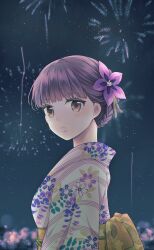Rule 34 | 1girl, aerial fireworks, blunt bangs, blurry, bokeh, braid, brown eyes, depth of field, fireworks, floral print, flower, from side, hair flower, hair ornament, half updo, highres, japanese clothes, kimono, looking at viewer, looking to the side, night, night sky, obi, parted lips, purple flower, purple hair, sash, seto taichi, sky, solo, star (sky), summer festival, surprised, teruya fumika, upper body, world trigger, yukata
