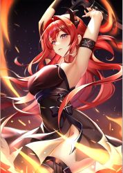 Rule 34 | 1girl, arknights, armband, armpits, arms up, bare arms, bare shoulders, black dress, black thighhighs, blush, breasts, chinese commentary, commentary request, cowboy shot, dress, hair between eyes, hair intakes, large breasts, long hair, looking at viewer, parted lips, purple eyes, red hair, short dress, solo, strapless, strapless dress, surtr (arknights), thighhighs, thighs, yue xiao e