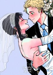 Rule 34 | 1boy, 1girl, adooble, artist name, bead necklace, beads, black hair, blonde hair, blue necktie, bouquet, breasts, bridal veil, commentary, dress, elbow gloves, english commentary, flower, formal, gloves, green eyes, hairband, hetero, highres, husband and wife, jewelry, medium breasts, necklace, necktie, open mouth, rose, smile, spaghetti strap, spy x family, suit, tuxedo, twilight (spy x family), veil, watermark, wedding dress, white flower, white hairband, white rose, yor briar