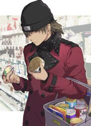 Rule 34 | 1boy, aragaki shinjirou, beanie, black hat, brown eyes, brown hair, can, canned food, expressionless, groceries, hair between eyes, hat, holding, holding can, isa (peien516), long coat, male focus, mature male, persona, persona 3, photo background, shop, shopping, shopping basket, short hair, solo, standing, sweater, turtleneck, turtleneck sweater, upper body