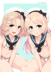 Rule 34 | 2girls, :d, absurdres, adapted costume, alakoala, artist name, bikini, blonde hair, blue eyes, blue sailor collar, blush, breasts, collarbone, commentary request, dated, groin, hat, highres, janus (kancolle), jervis (kancolle), kantai collection, long hair, micro bikini, multiple girls, navel, open mouth, sailor bikini, sailor collar, sailor hat, short hair, signature, small breasts, smile, swimsuit, white bikini, white headwear