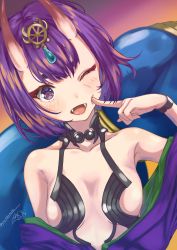 Rule 34 | 1girl, absurdres, bare shoulders, blush, bob cut, breasts, cheek poking, collarbone, eyeliner, fangs, fate/grand order, fate (series), gourd, headpiece, highres, horns, japanese clothes, kimono, long sleeves, looking at viewer, makeup, mike3284, off shoulder, one eye closed, oni, open mouth, poking, purple eyes, purple hair, purple kimono, revealing clothes, short hair, shuten douji (fate), skin-covered horns, small breasts, smile, wide sleeves