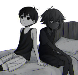 2boys absurdres antenna_hair arm_support black_eyes black_hair black_shirt black_shorts black_skin black_sweater_vest black_tank_top black_thighhighs closed_mouth collarbone colored_skin crossed_legs expressionless highres looking_at_another male_focus multiple_boys omori omori_(omori) on_bed parted_lips pillow segue5o shirt short_hair shorts sitting stranger_(omori) sweater_vest tank_top thighhighs white_eyes white_shorts white_skin