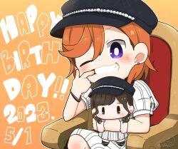 Rule 34 | 1girl, birthday, blush, bracelet, chibi, commentary, date sayuri, dated, earrings, english text, g teall, happy birthday, hat, highres, holding, holding stuffed toy, jewelry, looking at viewer, love live!, love live! superstar!!, nesoberi, orange hair, purple eyes, shibuya kanon, signature, sitting, solo, stuffed toy, voice actor connection