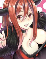 Rule 34 | 10s, 1girl, bad id, bad pixiv id, blush, breasts, brown hair, choker, cleavage, downblouse, heart, horns, large breasts, long hair, looking at viewer, maou (maoyuu), maoyuu maou yuusha, mugenshiki, red eyes, red hair, solo, upper body