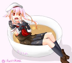 Rule 34 | 10s, 1girl, absurdres, bad id, bad pixiv id, beret, cellophane noodles, food, gloves, hair ornament, hair ribbon, harusame (kancolle), hat, highres, illustshina, kantai collection, long hair, looking at viewer, name connection, neckerchief, open mouth, pink eyes, pink hair, pleated skirt, pun, red eyes, ribbon, school uniform, serafuku, side ponytail, simple background, skirt, solo, soup, twitter username