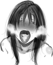 Rule 34 | 1girl, blush, breath, cum, cum in mouth, greyscale, half-closed eyes, long hair, looking at viewer, monochrome, open mouth, original, solo, suruga kreuz, sweat, tongue, tongue out, uvula