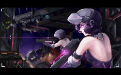 Rule 34 | 2girls, aiming, android, animal print, backless outfit, bear print, blurry, bokeh, covered eyes, depth of field, from side, gauntlets, girls&#039; frontline, glowing, glowing eyes, glowing lines, gun, helmet, helmet over eyes, highres, laser, laser pointer projection, laser sight, letterboxed, looking at viewer, multiple girls, neon trim, night, outdoors, pink eyes, sangvis ferri, sangvis ferri android (girls frontline), vespid (girls&#039; frontline), viewfinder, weapon, xyufsky