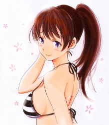 Rule 34 | 1girl, arm up, back, bikini, breasts, brown hair, closed mouth, commentary request, halterneck, highres, katou megumi, looking at viewer, looking to the side, marker (medium), medium breasts, millipen (medium), ponytail, potekite, purple eyes, saenai heroine no sodatekata, sideboob, simple background, smile, solo, string bikini, striped bikini, striped clothes, swimsuit, traditional media, upper body