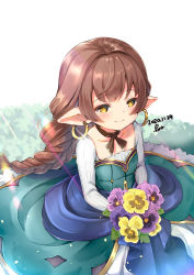 Rule 34 | 1girl, bouquet, braid, brown eyes, brown hair, closed mouth, commentary request, dated, dress, earrings, flower, glint, granblue fantasy, green dress, haaselia, harvin, highres, holding, holding bouquet, hoop earrings, jewelry, long hair, long sleeves, pansy, pilokey, pointy ears, purple flower, purple pansy, signature, single braid, smile, solo, very long hair, white background, yellow flower, yellow pansy
