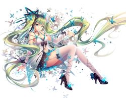 Rule 34 | 1girl, :/, bare shoulders, bow, breasts, bug, butterfly, cleavage, detached sleeves, earrings, fingernails, full body, garter straps, green eyes, green hair, hair ribbon, hatsune miku, high heels, insect, jewelry, long hair, long legs, looking at viewer, matching hair/eyes, nail polish, navel, ribbon, solo, thighhighs, tidsean, twintails, very long hair, vocaloid, white background, white thighhighs, zettai ryouiki