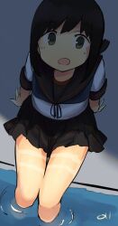 Rule 34 | 1girl, absurdres, arm support, black hair, black sailor collar, black skirt, blue neckerchief, commentary request, from above, fubuki (kancolle), fubuki kai ni (kancolle), full body, green eyes, hair between eyes, highres, kantai collection, looking at viewer, looking up, low ponytail, ma rukan, medium hair, miniskirt, neckerchief, open mouth, pleated skirt, pool, poolside, revealing tanlines, sailor collar, school uniform, serafuku, shirt, short sleeves, sidelocks, signature, sitting, skirt, soaking feet, solo, tan, tanline, tanlines, thighs, water, white shirt