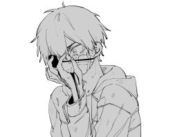 Rule 34 | 10up a, 1boy, bandages, bleeding, blood, chainsaw man, crying, denji (chainsaw man), eyepatch, highres, jacket, long sleeves, one eye covered, short hair, sleeves past elbows, solo, spitting, spitting blood, sweat, tears, vomiting blood