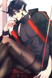 Rule 34 | 1boy, arknights, black hair, black nails, choker, demon tail, ear piercing, embarrassed, flamebringer (arknights), from side, highres, horns, looking at viewer, male focus, open clothes, orange eyes, pectorals, piercing, sitting, sleeveless, sleeveless turtleneck, solo, tail, thighhighs, toriyoshi, turtleneck, wristband