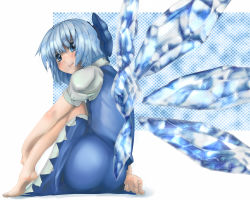 Rule 34 | 1girl, arugeri, ass, back, barefoot, blue eyes, blue hair, bob cut, cirno, dress, embodiment of scarlet devil, feet, female focus, hands on feet, ice, looking back, matching hair/eyes, sitting, smile, solo, touhou, white background, wings
