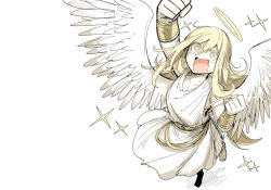 Rule 34 | + +, 1girl, :d, angel, angel wings, barefoot, blonde hair, dress, halo, hand up, kankan33333, open mouth, original, simple background, smile, solo, sparkle, spread wings, victory pose, white background, white dress, white wings, wings, yellow eyes