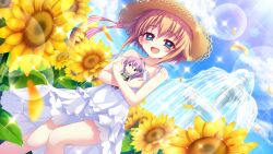 Rule 34 | 1girl, bare arms, bare shoulders, blue eyes, blue sky, brown hat, character doll, cloud, collarbone, day, dot nose, dress, dutch angle, falling petals, field, film grain, flower, flower field, fountain, game cg, hat, hat ribbon, hugging doll, hugging object, izumi tsubasu, lens flare, looking at viewer, non-circular lens flare, non-web source, official art, open mouth, orange hair, outdoors, petals, purple ribbon, re:stage!, ribbon, shikimiya mana, short hair, sidelocks, sky, smile, solo, spaghetti strap, sparkle, strap slip, straw hat, striped ribbon, sundress, sunflower, sunflower field, tsukisaka sayu, white dress