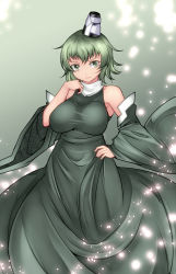 Rule 34 | 1girl, adapted costume, aoshima, bare shoulders, breasts, closed mouth, detached sleeves, dress, frown, green dress, green eyes, green hair, hand on own hip, hat, highres, large breasts, light particles, long sleeves, looking at viewer, matching hair/eyes, short hair, soga no tojiko, solo, tate eboshi, taut clothes, taut dress, touhou, wavy mouth, wide sleeves