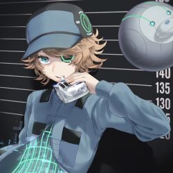 Rule 34 | 1boy, akudama drive, black hat, blue eyes, blue hat, blue jacket, brown hair, commentary request, digital dissolve, eyepatch, green eyes, hacker (akudama drive), hand up, hat, highres, holding, jacket, long sleeves, male focus, multicolored clothes, multicolored hat, open mouth, partially unzipped, poiaya, short hair, smile, solo, upper body