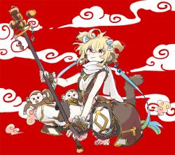 Rule 34 | 1girl, :3, ahoge, andira (granblue fantasy), animal, animal ears, barefoot, blonde hair, bow, breasts, detached leggings, fur trim, granblue fantasy, hair between eyes, hair bow, holding, holding staff, mokeo, monkey, monkey ears, monkey girl, monkey tail, red background, red eyes, scarf, short hair, small breasts, squatting, staff, tail, two side up, white scarf, whorled clouds