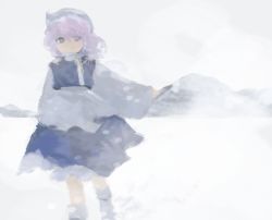 Rule 34 | 1girl, apron, blue dress, boots, commentary request, dress, eyebrows hidden by hair, feet out of frame, hat, kaigen 1025, letty whiterock, light purple hair, mob cap, mountain, purple eyes, short hair, simple background, snowing, solo, touhou, triangular headpiece, white apron, white background, white footwear, white hat