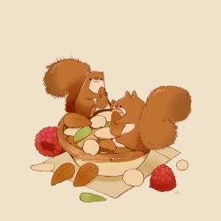 Rule 34 | :3, almond, animal, berry, chai (drawingchisanne), closed mouth, fluffy, food, holding, holding food, no humans, nut (food), original, simple background, squirrel, tart (food), white background