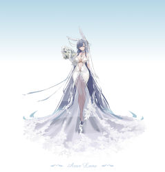 Rule 34 | 1girl, absurdly long hair, absurdres, animal ears, azur lane, bare shoulders, blue eyes, blue hair, bouquet, breasts, bridal veil, cleavage, collarbone, concept art, dress, elbow gloves, fake animal ears, flower, gloves, hair ornament, high heels, highres, holding, holding bouquet, large breasts, long hair, looking at viewer, navel, new jersey (azur lane), new jersey (snow-white ceremony) (azur lane), one eye closed, rabbit ears, see-through, smile, standing, star (symbol), star hair ornament, veil, very long hair, wedding dress, white dress, white gloves, yyy (zelda10010)