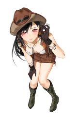 Rule 34 | 1girl, adjusting hair, asymmetrical bangs, black footwear, black gloves, black hair, boots, breasts, brown hat, brown skirt, brown vest, closed mouth, cowboy boots, cowboy hat, cowboy western, crisis core final fantasy vii, cropped vest, dangle earrings, duoj ji, earrings, final fantasy, final fantasy vii, full body, gloves, hair behind ear, hair between eyes, hand on own thigh, hat, highres, jewelry, knees together feet apart, leaning forward, looking at viewer, medium breasts, multiple bracelets, official alternate costume, red eyes, shirt, skirt, small breasts, solo, tifa lockhart, tifa lockhart (cowgirl), twitter username, vest, white background, white shirt